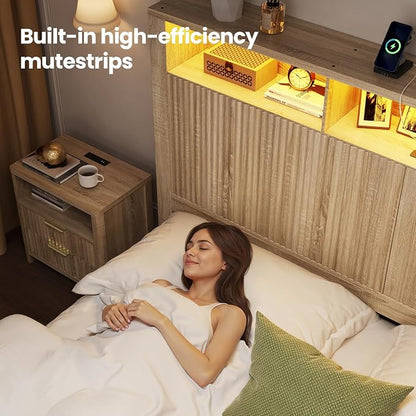 CypBed Queen Size Bed Frame with Headboard and Storage Drawers, Queen Bed Frame with LED Light and Charging Port, Farmhouse Wavy Design, Wood & Metal Platform, Noise-Free, No Box Spring Needed, Wood