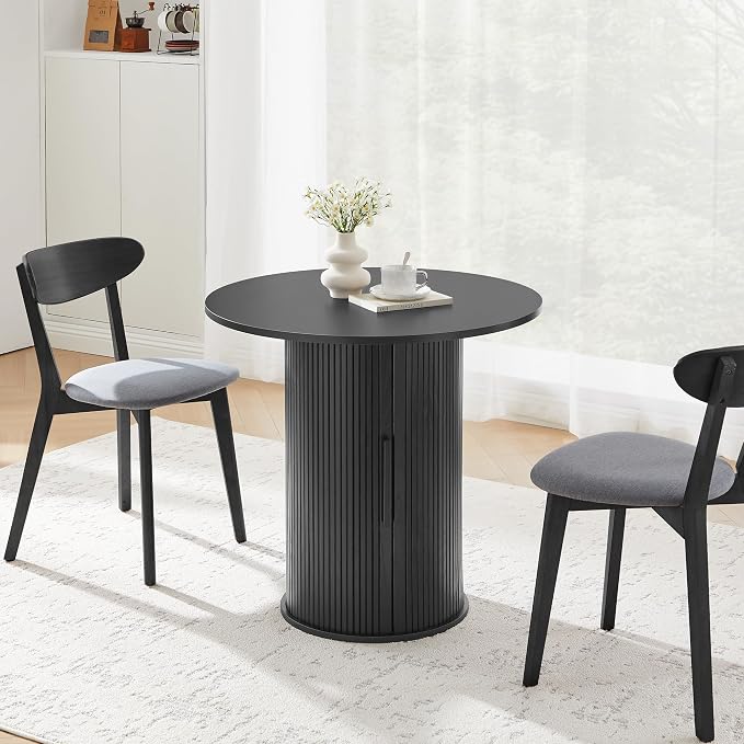 31.5" Round Dining Table for 2-4, Modern Kitchen Table with 2-Tier Storage Shelf, Small Wooden Circle Dining Tables with Fluted Base for Home Dining Room Living Room (Black)
