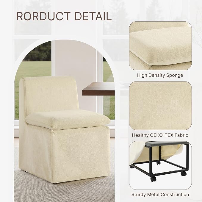 KISLOT Upholstered Dining Chairs Set of 4 with Casters, Modern Armless Kitchen Chairs with Removable Washable Cover, Chenille Velvet Fabric, Sturdy Metal & Wood Frame, 19.5" Seat Height, Sand