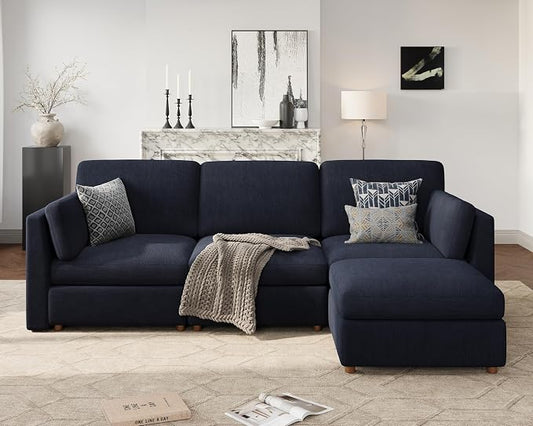 Oversized Modular Sectional Sofa, L-Shaped Cloud Couches Blue | 116'' Deep Seat Couch for Living Room, 4-Seater Luxury Corner sofa with Ottoman, Solid Wood Frame, Removable Washable Cover