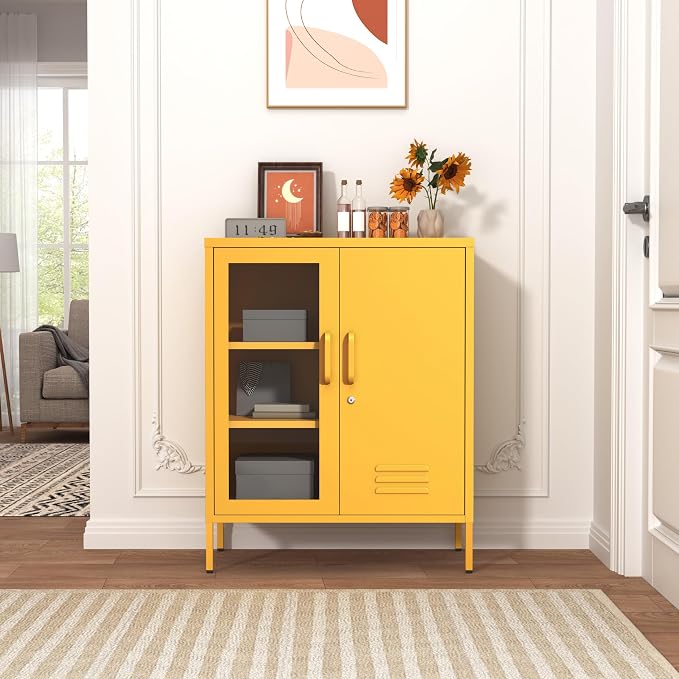 33" Tall Yellow Metal Locker Storage Cabinet with Lock Left Glass Door and Right Metal Door 2 Adjustable Shelves Steel Storage Organizer for Foyer Living Room Size：33" H X 29.5" W X 13.8" D