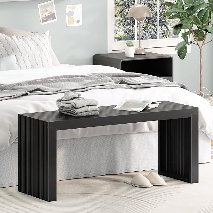 Bamboo Dining Bench, 35'' Slatted Design Entryway Bench, Black | Modern Solid Bamboo Seating Bench for Indoor & Outdoor Use, Ideal for Kitchen, Hallway, Bedroom