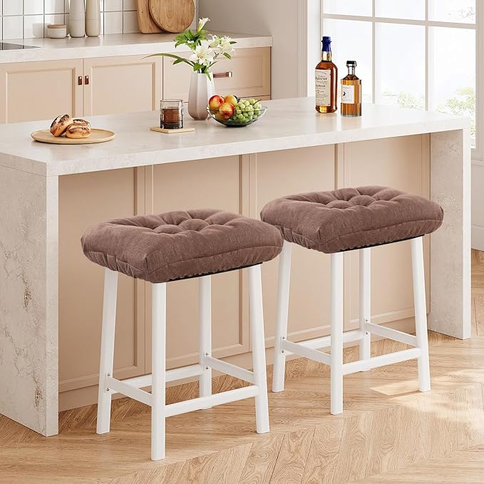 Rectangular Stool Cushion Set of 4, Soft Saddle Stool Cushions with Ties, Nonslip and Washable, Brown, 18 x 10.5 x 4 Inch