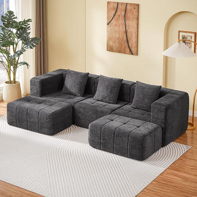 Modular Sectional Sofa with Deep Seat, 98'' Seater Boneless Cloud Couch No Assembly Required, Modern Plush Corduroy Cloud Couches for Living Room & Apartment (3 Seat w/ 2 Ottoman), Grey