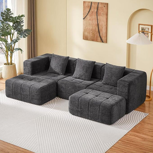Modular Sectional Sofa with Deep Seat, 98'' Seater Boneless Cloud Couch No Assembly Required, Modern Plush Corduroy Cloud Couches for Living Room & Apartment (3 Seat w/ 2 Ottoman), Grey