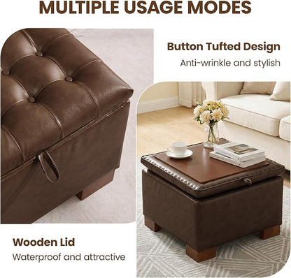 24 Inch Square Storage Ottoman Coffee Table, Modern Tufted Upholstered Ottoman with Flip Tray and Solid Wood Legs, Suitable for Living Rooms, Faux Leather Coffee