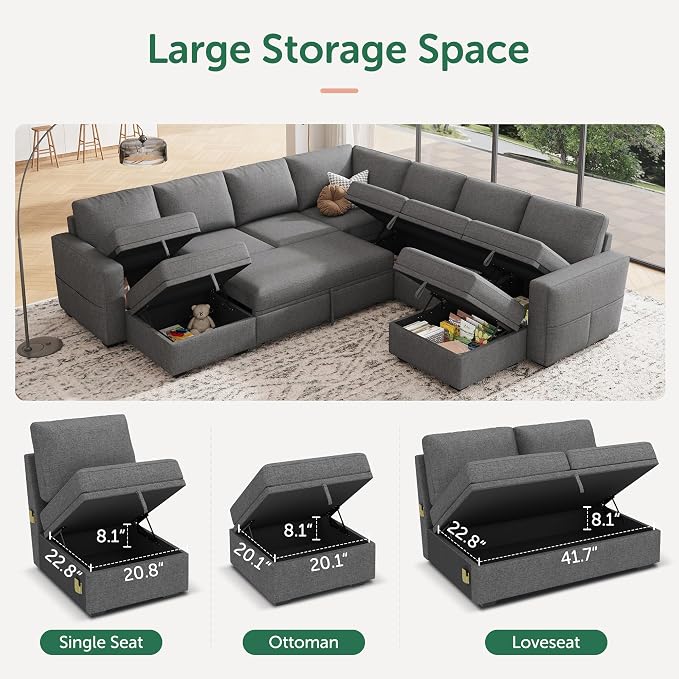HONBAY Modular Sectional Sleeper Sofa with Pull Out Couch, Oversized U Shaped Sleeper Pull Out Bed with Storage Sectional Couches for Living Room - Dark Grey