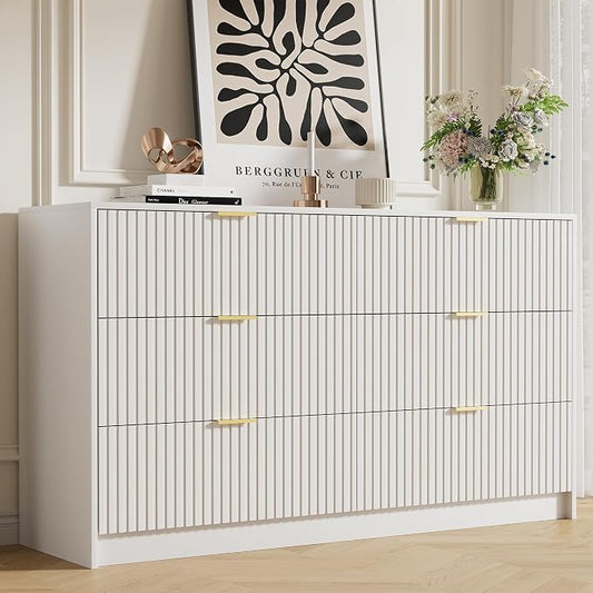 Furniway White Dresser for Bedroom, Modern Dresser with 6 Drawers and Smooth Slides, Wide Chest of Drawers with Golden Handles for Bedroom, Living Room, Closet, 15.7" D x 55.1" W x 31.4" H