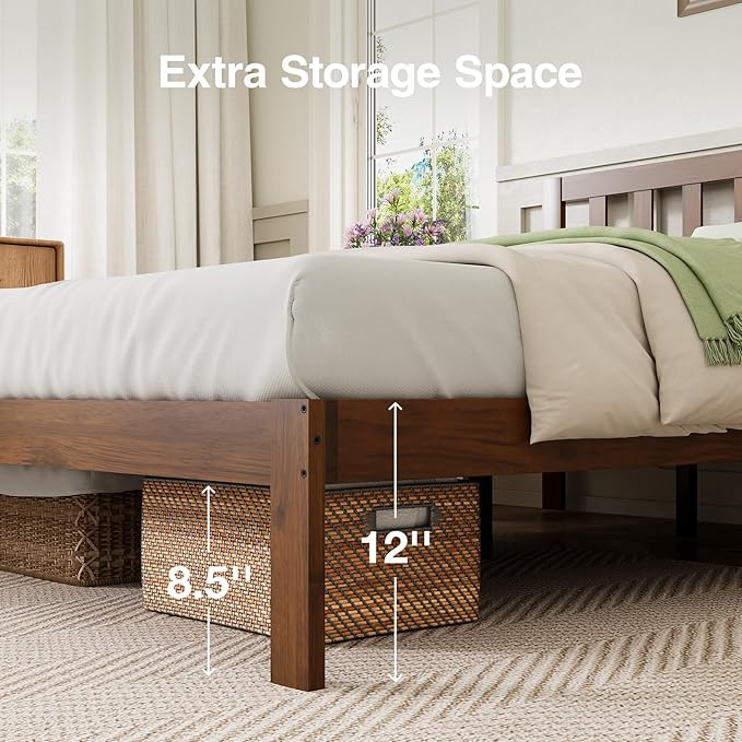 Novilla 12 Inch King Size Bed Frame Solid Wooden King Bed Frame and Headboard, King BedFrames with Classic Headboard, No Box Spring Needed, Easy Assembly, Walnut