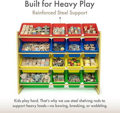 Humble Crew Toy Storage Organizer with 16 Removable Storage Bins for Kids Playroom, 4-Tier Toddler Toy Organization, Natural Wood/Primary