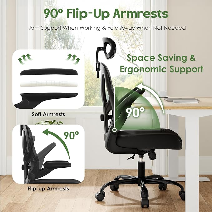 Office Chair Ergonomic Desk Chair - Mesh High Back Office Chair with Headrests Wheels Lumbar Support Home Desk Office Chairs Flip up Armrest Executive Rolling Computer Chair Black 4 Pack
