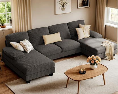Furniwell Convertible Sectional Sofa Couch, 4 Seat Sofa Set for Living Room U-Shaped Modern Fabric Modular Sofa Sleeper with Double Chaise & Memory Foam (Corduroy, Deep Grey)
