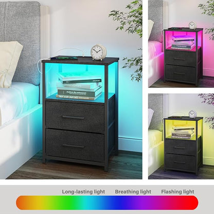 TUTOTAK LED End Table with Charging Station, Nightstand with Cloth Drawer, Side Table with 1 USB Port and 1 Type-C Port, Set of 2, Couch Table, Black TB01BK052L