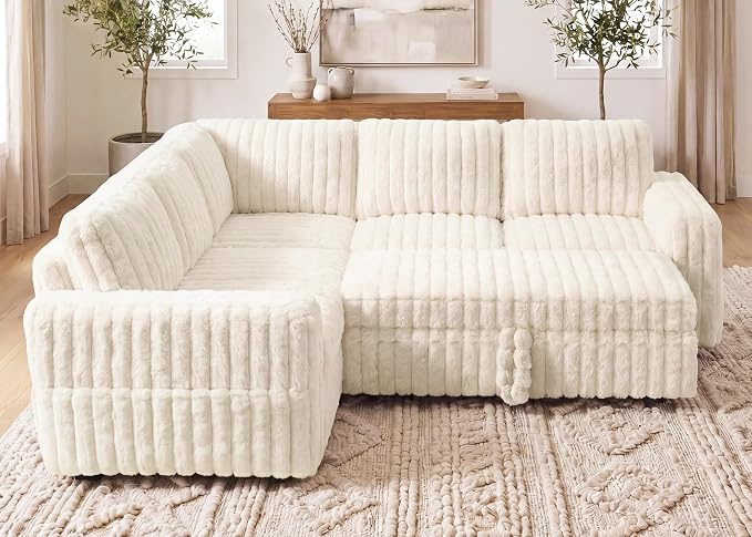 HONBAY Plush Corduroy Modular Sectional Sofa with Pull Out Bed, Convertible L Shaped Couch with Storage,Sleeper Sectional Couches for Living Room,Plush Beige