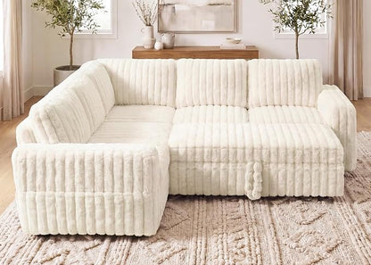 HONBAY Plush Corduroy Modular Sectional Sofa with Pull Out Bed, Convertible L Shaped Couch with Storage,Sleeper Sectional Couches for Living Room,Plush Beige