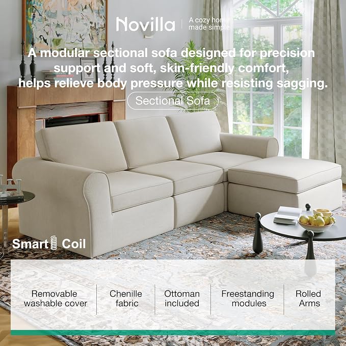 Novilla 108" Modular Sectional Sofa, Modular Sectional Couches for Living Room Bedroom, Chenille Removable Cover Cloud Couch Sectional with Smarts Coil® Support L-Shaped Couch(Beige, 3 Seater)