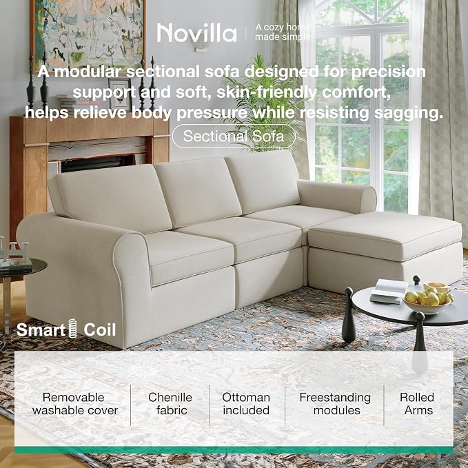 Novilla 138" Modular Sectional Sofa, Modular Sectional Couches for Living Room, Chenille Removable Cover Cloud Couch with Smarts Coil® Support U-Shaped Boneless Couch(Beige, 4 Seater + 4 Ottoman)