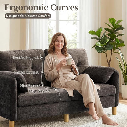 65" Loveseat Sofa, Mid Century Loveseat Couch for Living Room with Storage Pockets, Upholstered Small Loveseat for Small Spaces, Bedroom, Home Office, Apartments, Small Sofa Chenille Brown