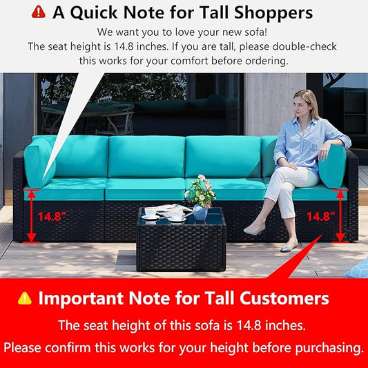 Shintenchi 5 Pieces Outdoor Patio Sectional Sofa Couch, Black PE Wicker Furniture Sets, Patio Conversation Sets with Washable Cushions Glass Coffee Table for Garden, Poolside, Backyard,Blue