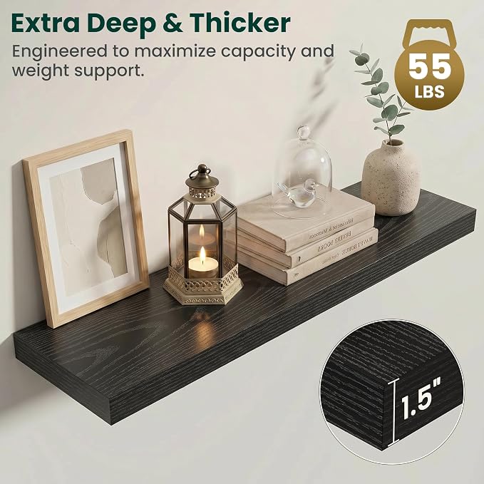 Floating Shelves for Wall 40 in x 9.3 in Deep, Wall Mounted Rustic Wood Shelf with Invisible Brackets for Storage & Display, Living Room Bedroom Bathroom, Black, 2 Pack