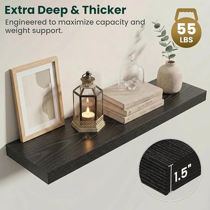 Floating Shelves for Wall 40 in x 9.3 in Deep, Wall Mounted Rustic Wood Shelf with Invisible Brackets for Storage & Display, Living Room Bedroom Bathroom, Black, 2 Pack