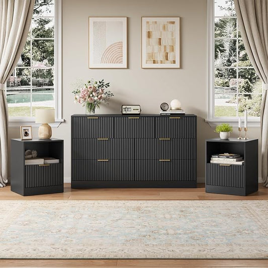 3 Pcs Black Dresser & Nightstand Set, 7 Drawer Dressers and Night Stand Set of 2 with Metal Handle, Fluted Modern Wood Chest of Drawers Storage Dressers Set for Bedroom, Black