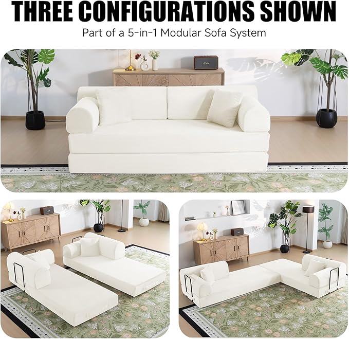 78.8" Boneless Memory Foam Couch, Corduroy Convertible Floor Sofa Bed, Fold-Out Sleeper Futon Loveseat, Wide Armrests & Supportive Back, 1200 lb, Couch in a Box, 2 Pillows,White