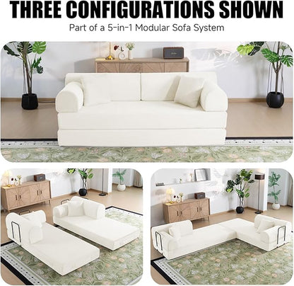 78.8" Boneless Memory Foam Couch, Corduroy Convertible Floor Sofa Bed, Fold-Out Sleeper Futon Loveseat, Wide Armrests & Supportive Back, 1200 lb, Couch in a Box, 2 Pillows,White