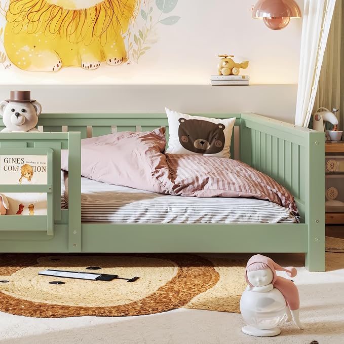 Bellemave Full Floor Bed with Slats and Rails, Full Size Montessori Floor Bed with Bookcase and Fence, Easy Assemble Montessori Beds for Girls, Boys, Avocado Green