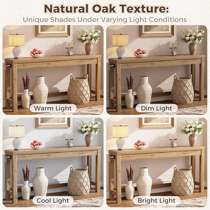 Cyclysio 63" Console Table with Charging Station, 13.8" Deep Farmhouse Sofa Table Behind Couch with 2 AC Outlets & 3 USB Ports, Long Entryway TV Console or Home Office Desk, Natural Oak