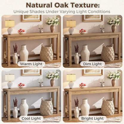 Cyclysio 63" Console Table with Charging Station, 13.8" Deep Farmhouse Sofa Table Behind Couch with 2 AC Outlets & 3 USB Ports, Long Entryway TV Console or Home Office Desk, Natural Oak