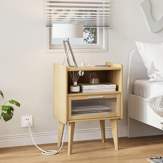 MMEOLUOOK Nightstand with Charging Station, Bedside Tables with Glass Decorative Door, Natural End Table, Side Table with 2 Tiers Storage Space for Bedroom Living Room CAMLBZ07YE