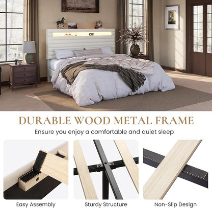 SHA CERLIN King Bed Frame with LED Light & 2-Tier Storage Shelf, Velvet Upholstered Adjustable Headboard with Charing Station, Horizontal Channel Tufted, No Box Spring Needed, Easy Assembly, Cream