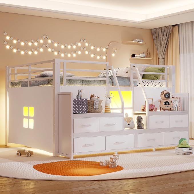Bellemave Full Size Loft Bed with 8 Non-Woven Fabric Storage Drawers and Bookshelf, Low Loft Bed with Lights and Private Play Curtain, Full Loft Beds with High Rails, Noise Reduced White