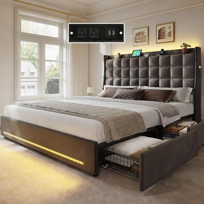 YITAHOME Queen Size Bed Frame with 4 Drawers and RGB LED Lights, Velvet Upholstered Platform Bed with Charging Station and Storage Headboard, No Box Spring Needed, Easy Assembly, Noise-Free, Dark Grey