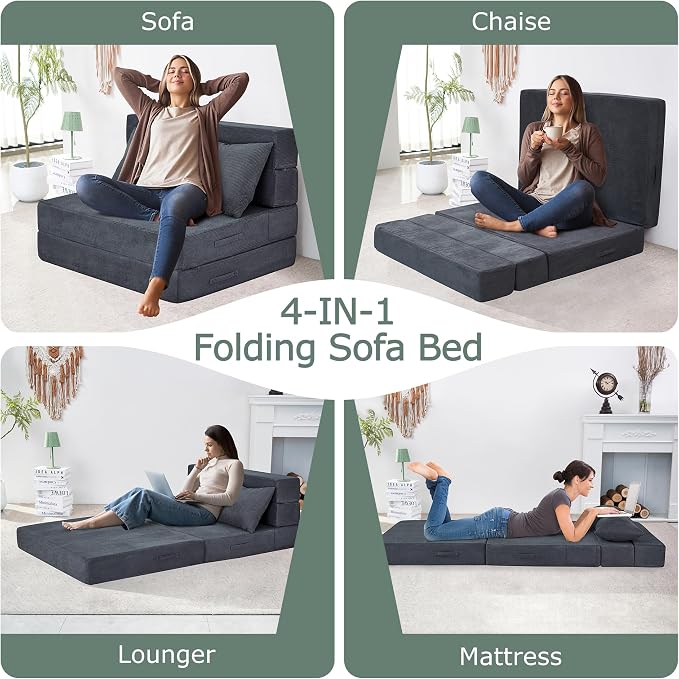Folding Sofa Bed, 4 in 1 Convertible Sleeper Chair with Pillow, Twin Memory Foam Fold Out Chair Bed, Modern Floor Futon Sofa Couch Mattress for Living Room/Guest/Apartment, Dark Grey