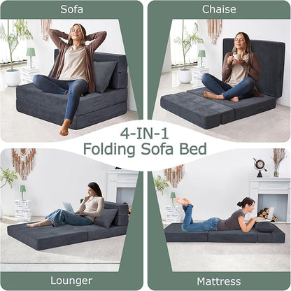 Folding Sofa Bed, 4 in 1 Convertible Sleeper Chair with Pillow, Twin Memory Foam Fold Out Chair Bed, Modern Floor Futon Sofa Couch Mattress for Living Room/Guest/Apartment, Dark Grey