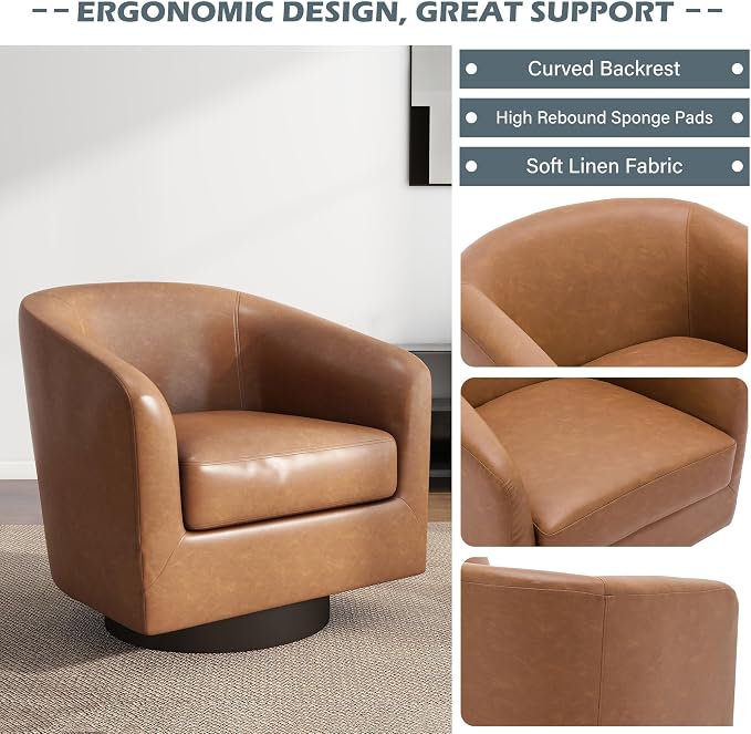 Faux Leather Swivel Barrel Accent Chair, Upholstered Armchair Club Chair for Living Room, Round Arm Chair Bedroom Single Sofa Reading Seat - Brown