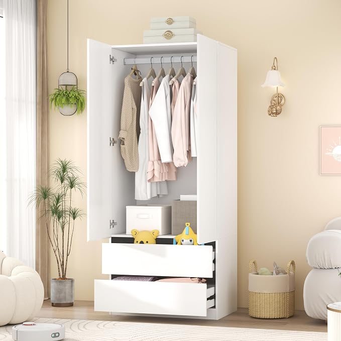 Armoire Wardrobe Closet with Drawers：75" Large White Wardrobe Closet Cabinet with 2 Doors for Hanging Clothes, Modern Wooden Bedroom Armoires with 2 Drawers and Storage (A-Style, 31.5")