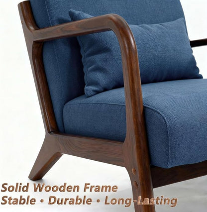 Mid Century Modern Accent Chair with Wooden Frame & Linen Upholstery, Comfortable Mid Century Lounge Chair with Pillow, Wooden Accent Chair for Living Room, Bedroom or Reading Corner