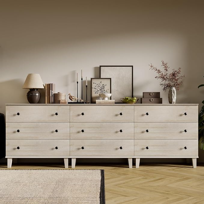 Rustic Drawer Dresser with 9 Drawers Storage Dressers Organizer for Bedroom, Living Roomm,Light Oak