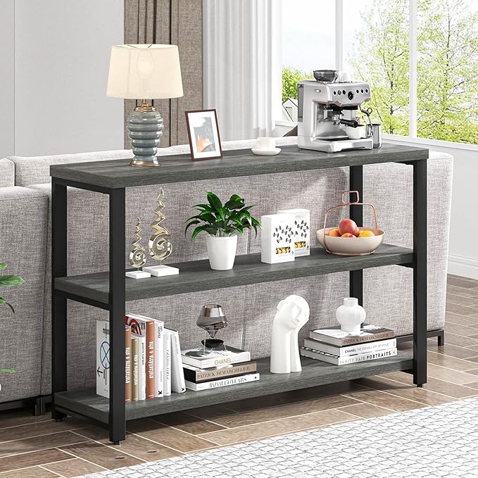 EXCEFUR 47 Inch Rustic Metal and Wood Entryway Table, Console Table Behind Couch with 3 Tier Storage Shelves, Sofa Table for Living Room Hallway Foyer, Industrial Grey