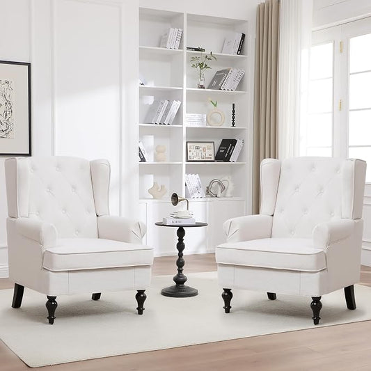 Accent Chair Set of 2, Mid Century Modern Fabric Wingback Chair, Upholstered Armchair with High Back and Vintage Legs, Comfy Single Sofa Side Reading Chair for Living Room Bedroom, Beige
