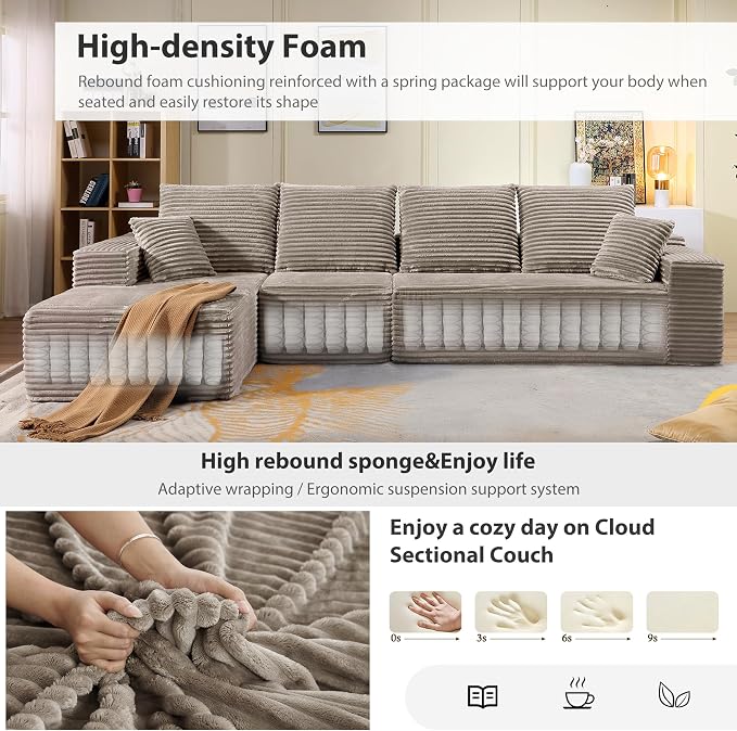 135" Cloud Sectional Couch with L-Shape Chaise, Modern Cloud Couch with Deep Seat, Modular Sectional Couches for Living Room, Apartment, Office, No Assembly Required Camel