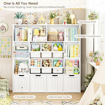 FINETONES Toy Storage Organizer with 6 Toy Bins, Large Toy Organizers and Storage with 4 Movable Drawers and 6 Storage Cubbies, Kids Toy Storage and Toy Chest for Playroom and Kids Room, White