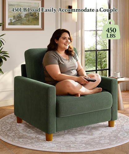 Welzona 35.3" Couches for Living Room, Comfy Green Couch Single with 22.5" Deeper Seat, Accent Chair Tool-Free Setup, Reading Chair 440lbs Support, Corduroy Couch for Bedroom, Apartment, Office