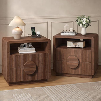 23" Wide Fluted Nightstands Set of 2, Mid Century Bedside Tables with Charging Station, Wood End Table with 2 Drawers and Open Shelf for Bedroom, Home Office, Walnut
