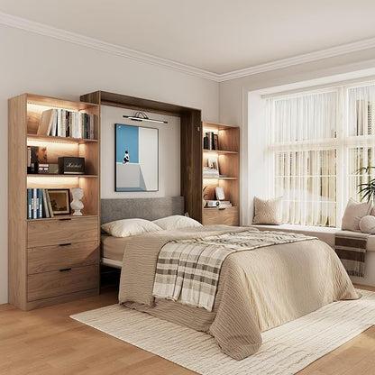 Bobve Farmhouse Murphy Bed Queen,85" Wall Bed Folds to Save Space,Concealed Bed Frame with 2 LED Storage Cabinets and Wall Mounted Features for Apartment/Office/Guest Room,Brown+Walnut