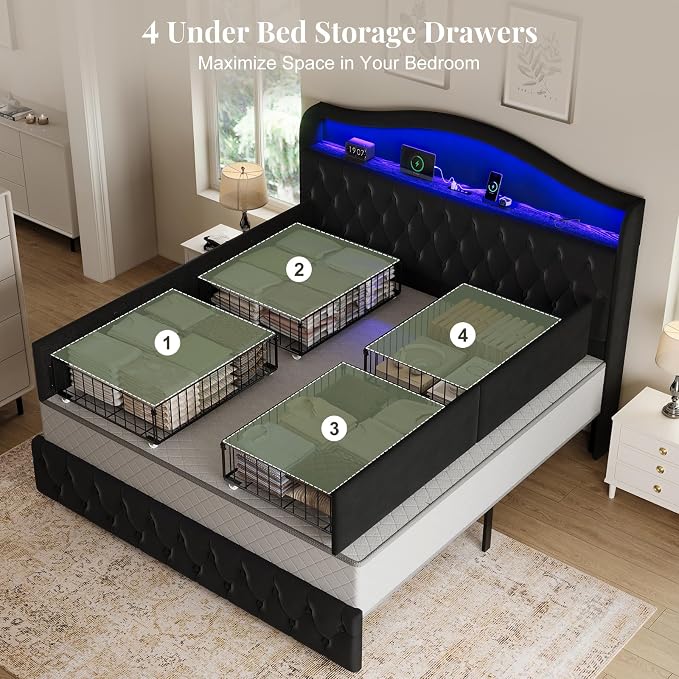 King Size Bed Frame and Headboard & 4 Storage Drawers, Upholstered Platform Bed Frame with RGB LED Lights & Charging Station, No Box Spring Needed, Easy Assembly, Noise-Free, Black