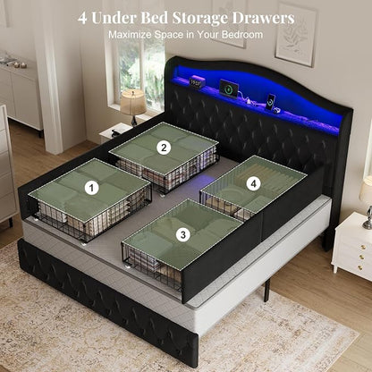 King Size Bed Frame and Headboard & 4 Storage Drawers, Upholstered Platform Bed Frame with RGB LED Lights & Charging Station, No Box Spring Needed, Easy Assembly, Noise-Free, Black